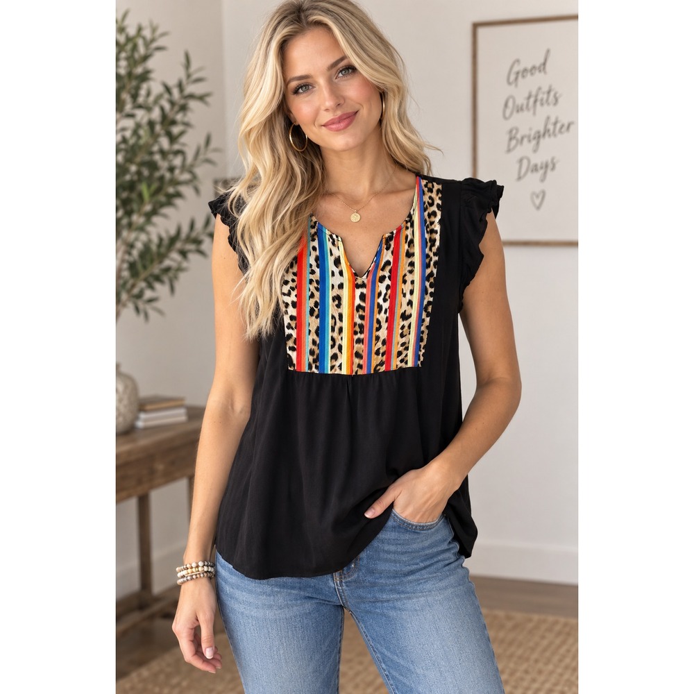 Savanah Jane Women's Black Leopard Colorblock Boho Top Blouse Size M